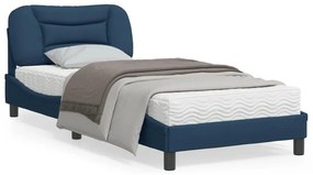 Estrutura de cama c/ cabeceira tecido azul 90x200 cm
