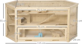 Gaiola para hamsters com 3 níveis, balancins, janelas, casinhas, tabuleiro deslizante, 115 x 60 x 55 cm, efeito de madeira natural