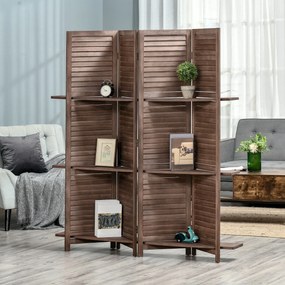 Biombo Dobrável de 4 Painéis de Madeira 162x170 cm Divisória de Ambiente com 3 Prateleiras Nogueira