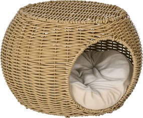 Cama para gatos com 2 níveis, em resina trançada com aspeto de vime, com 1 almofada macia Ø 40 x 30 cm, castanho claro