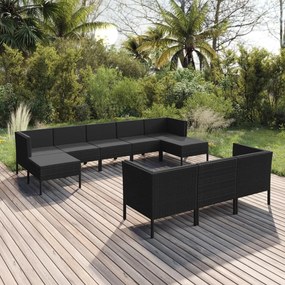 vidaXL 10 pcs conjunto lounge de jardim c/ almofadões vime PE preto