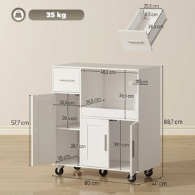 Móvel Auxiliar de Cozinha com Rodas para Microondas com Bandeja Deslizante Gaveta 3 Portas Prateleira Ajustável 80x40x88,7 cm Branco