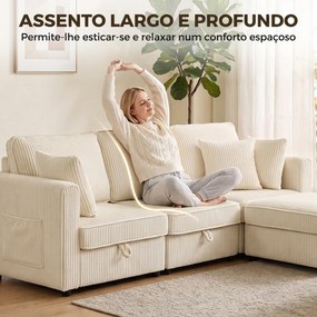 Sofá modular em L de 235 cm com arrumação e ottoman em bombazina, creme