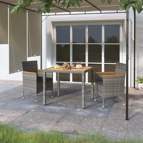 vidaXL 3 pcs conjunto jantar jardim vime PE e acácia maciça cinzento