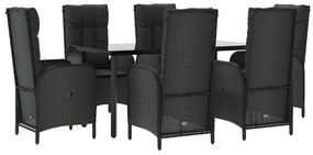7 pcs conjunto de jantar p/ jardim c/ almofadões vime PE preto