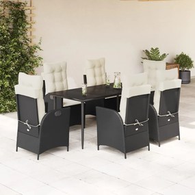 7 pcs conjunto de jantar p/ jardim c/ almofadões vime PE preto