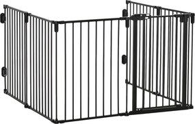 Barreira de Segurança para Animais Dobrável e Modulável, 362,5 x 2 x 76 cm, 6 Painéis com Porta, Preto