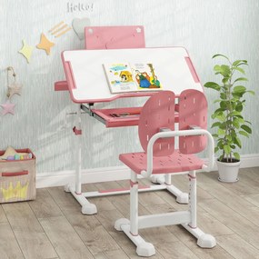 Conjunto de secretária e cadeira para crianças com altura ajustável, tampo inclinável, porta-copos, gaveta e cadeira ergonómica rosa