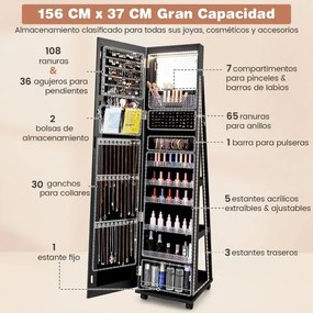 Armário para joias com fechadura 40 x 38 x 164 cm com Espelho de maquilhagem LED com 3 cores Prateleiras ajustáveis e rodas universais Preto