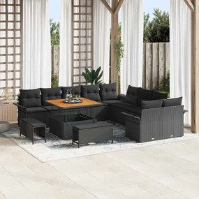 Conjunto de Sofá de Jardim de 13 Peças com Almofadas Preto Rattan Acácia