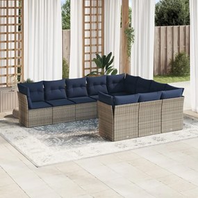 vidaXL 10 pcs conjunto sofás p/ jardim c/ almofadões vime PE cinzento
