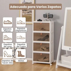 Sapateira dobrável ​​de 4 prateleiras com portas magnéticas transparentes e rodas universais com travão Cor: Branco + Castanho