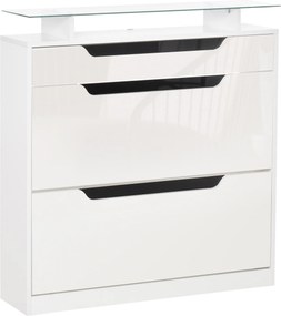 Sapateira Entrada Estreito Móvel para 16 pares de Sapatos com 2 Portas Gaveta Prateleira Aberta e Bancada de Vidro 89x23x96cm Branco