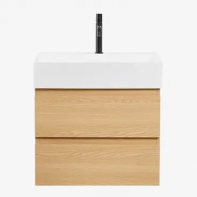 Conjunto De Móvel De Casa De Banho Suspenso Em Madeira E Folha De Freixo Com Lavatório Integrado Ona Madeira Natural & Sem Espelho & Preto - Sklum