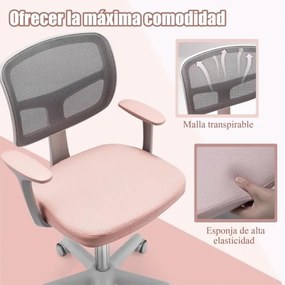 Cadeira de escritório infantil com encosto em malha, almofada removível e rodas 360° com travão para 3-10 anos, altura ajustável, cor rosa