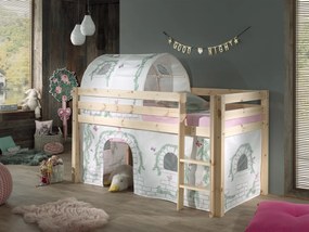 Conjunto Cama alta de Criança PINO 90 x 200 cm + estrado + escada + cortina + túnel Passaros Natural