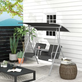 Baloiço de jardim de 2 lugares com toldo inclinável, tabuleiro central e 2 suportes para copos – 175 x 112 x 158 cm – cinzento