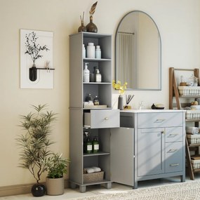 Armário de casa de banho c40 x 30 x 172 cm,  estreito de chão com 3 prateleiras abertas, 1 gaveta, 1 porta e prateleira ajustável; móvel cinzento