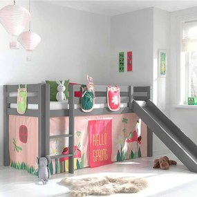 Conjunto Cama alta de Criança PINO 90 x 200 cm + estrado + escada + escorrega + cortina + bolsas de arrumação Primavera Cinzenta