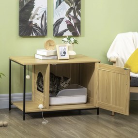 Móvel para Casa de areia para gatos (NÂO INCLUIDA) com porta lateral, bola suspensa e estrutura em aço com acabamento em madeira clara