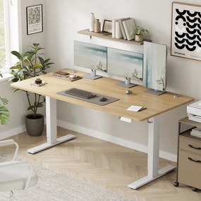 Secretária elétrica com regulação elétrica da altura, 160 x 80 x (72-120) cm, com porta USB-C tom de carvalho dourado e branca