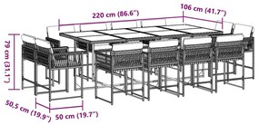 13 pcs conjunto jantar p/ jardim c/ almofadões vime PE cinzento