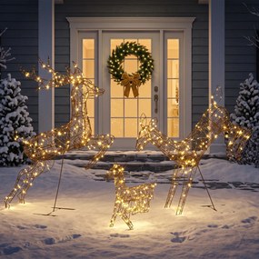 Conjunto de 3 Renas Luminosas de Natal para Exterior, 75 x 25 x 120 cm, 200 LED Branco Quente, Castanho