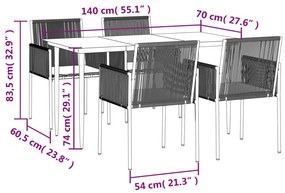 5 pcs conjunto jantar p/ jardim c/ almofadões vime PE/aço preto