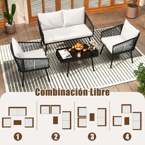 Conjunto de jardim para 4 pessoas com sofá de 2 lugares, 2 cadeiras e mesa de centro em vidro temperado Preto e branco
