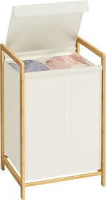 Cesto de roupa suja com tampa 45 x 40 x 78 cm, 2 compartimentos; cesto de roupa suja com estrutura de bambu, saco de roupa suja removível Creme