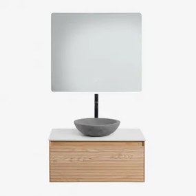 Conjunto De Móvel De Casa De Banho Suspenso 80x50 Cm Em Madeira De Freixo Tedrik Castanho Fresno & Cimento Cinzento Redondo Ø40 Cm Tarsis - Sklum