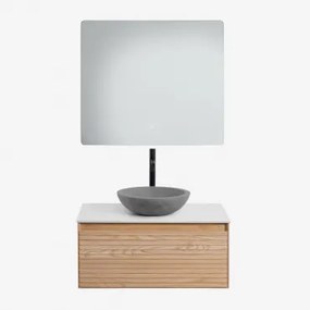 Conjunto De Móvel De Casa De Banho Suspenso Em Madeira De Freixo Tedrik Castanho Fresno & Cimento Cinzento Redondo Ø40 Cm Tarsis & Led - Sklum