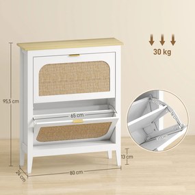 Sapateira Estreita com 2 Portas em Vime e Prateleiras Ajustáveis para 14 Pares de Sapatos 105x24x95,5 cm Branco