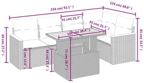 6 pcs conjunto de sofás p/ jardim com almofadões vime PE bege