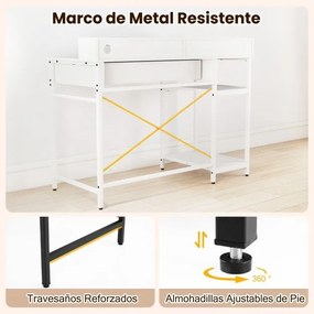 Secretária para computador 106 x 48 x 90 cm com tomadas com armário superior, gaveta e 2 prateleiras abertas Estrutura branca
