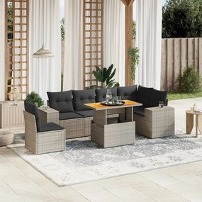 7 pcs conjunto sofás p/ jardim c/ almofadões vime PE cinzento