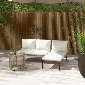 Conjunto de Móveis de Jardim em Vime com Sofá de 2 Lugares Chaise Longue Almofadas e Mesa Auxiliar Creme e Madeira