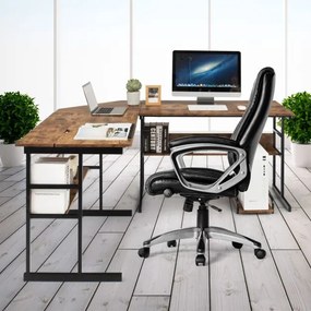 Secretária de canto moderna em forma de L, com mesa de desenho inclinável com prateleira inferior, estrutura em metal - Castanho Escuro