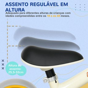 Bicicleta sem Pedais para Crianças de 18-48 Meses Bicicleta de Equilíbrio com Assento Altura Ajustável 67x34x47 cm Branco