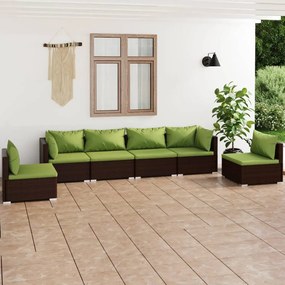 6 pcs conjunto lounge de jardim c/ almofadões vime PE castanho