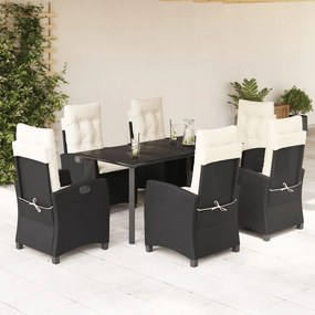 vidaXL 7 pcs conjunto de jantar p/ jardim c/ almofadões vime PE preto