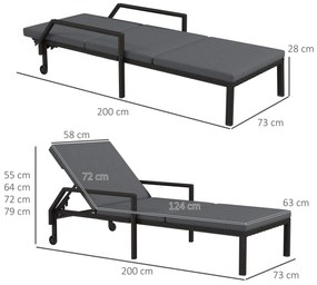 Espreguiçadeira de Vime com Encosto Ajustável em 5 Posições Acolchoado e 2 Rodas 73x200x48 cm Cinza Escuro e Preto