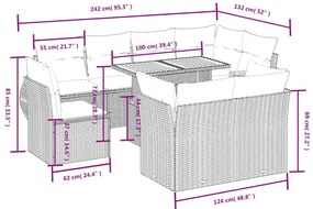 9 pcs conjunto sofás p/ jardim com almofadões vime PE cinzento