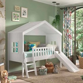 Cama para Crianças Casa HOUSEBED ESCADA + ESCORREGA BRANCA
