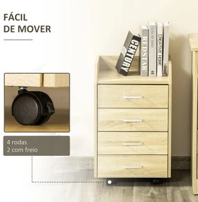 Vinsetto Bloco de Gavetas Móvel Auxiliar com 4 Gavetas Bancada Superior de Armazenamento 4 Rodas e 2 Freios para Estúdio Escritório 40x36x65cm Carvalho