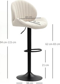 Conjunto de 2 bancos de bar em forma de concha, com encosto, altura ajustável e apoio para os pés, estrutura em aço, bege