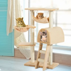 Árvore para Gatos Raspador com Poste para arranhar Ninho Rede Plataforma Casinha Escada Veludo Sisal Natural - 55x30x100cm