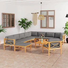 vidaXL 12 pcs conj. lounge jardim c/ almofadões cinzentos teca maciça