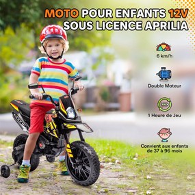 Moto Elétrica 12V para Crianças 3 aos 6 anos, 106,5 x 56 x 80 cm, Rodas de Treino Amovíveis, Amarela