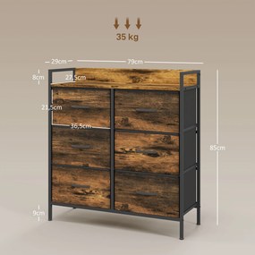 Cómoda com 6 Gavetas Dobráveis de Tecido Estrutura de Aço e Estilo Industrial 79x29x85 cm Castanho Rústico